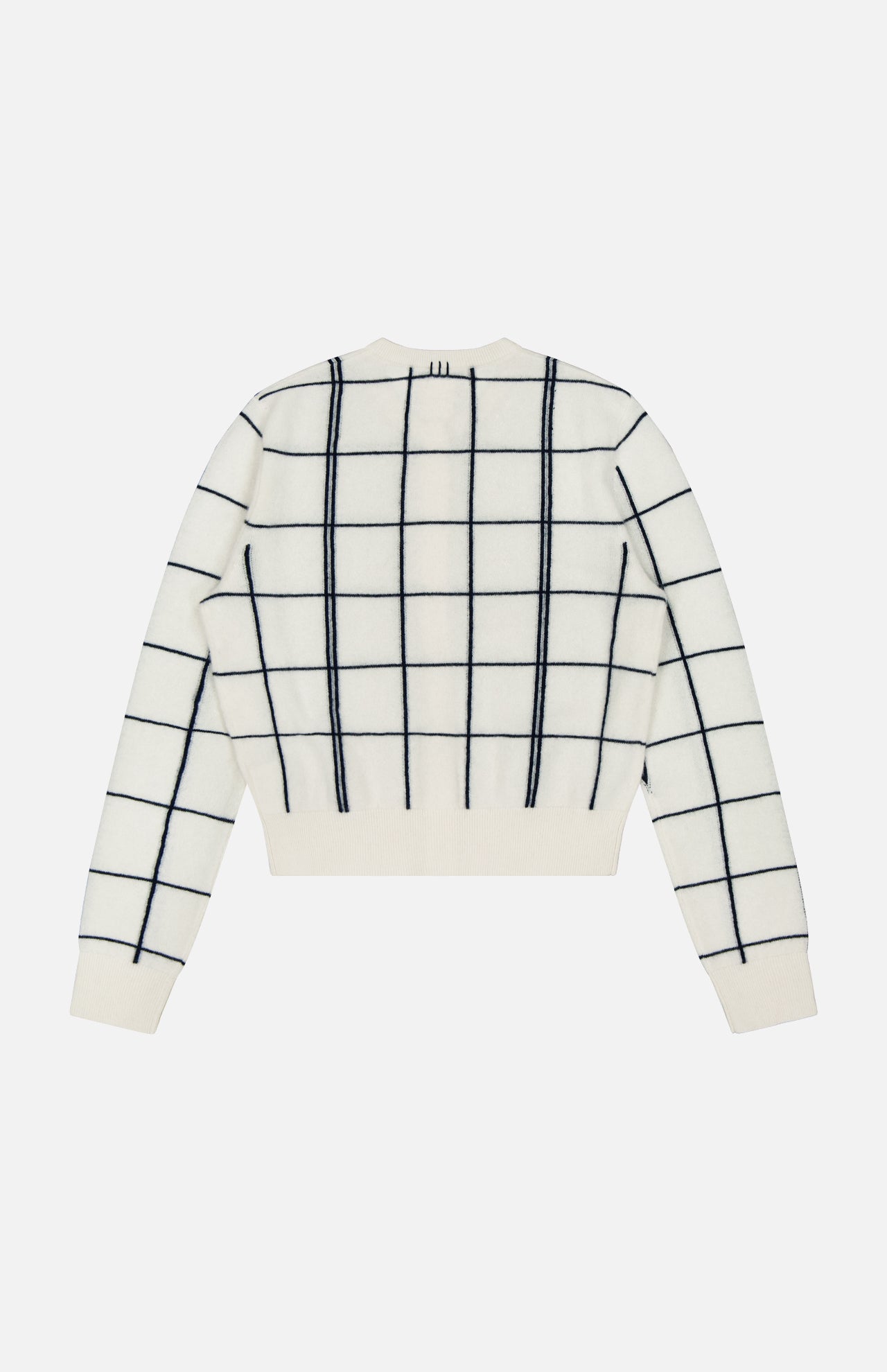 The WHITE + WARREN Cashmere Windowpane Cardigan Sweater, featuring a black windowpane pattern on white, is laid flat and displayed from the back against a plain white background.