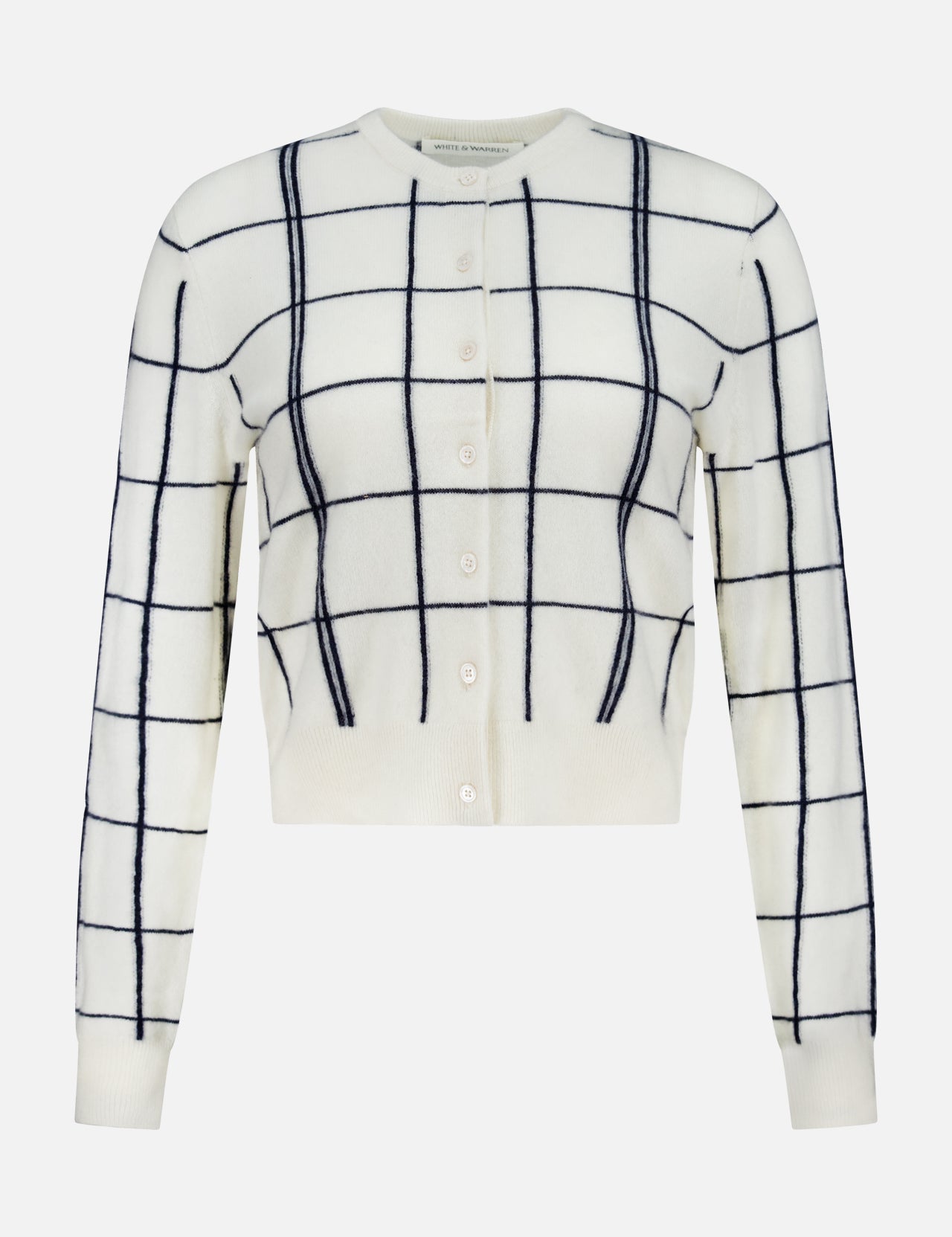 The WHITE + WARREN Cashmere Windowpane Cardigan Sweater is crafted from luxurious off-white cashmere, featuring long sleeves, a navy blue windowpane pattern, and white buttons down the front.