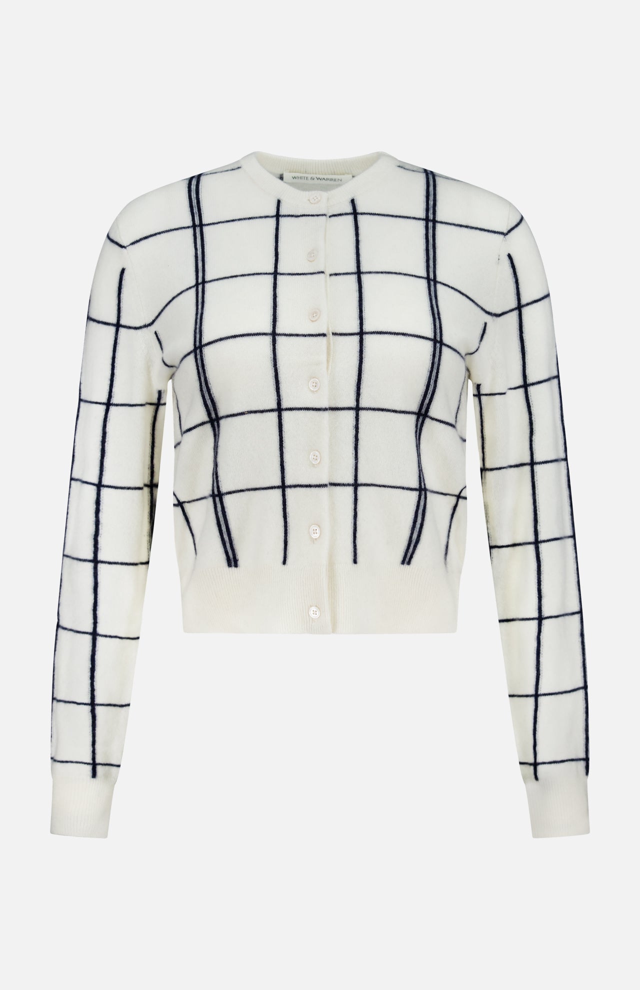The WHITE + WARREN Cashmere Windowpane Cardigan Sweater is crafted from luxurious off-white cashmere, featuring long sleeves, a navy blue windowpane pattern, and white buttons down the front.