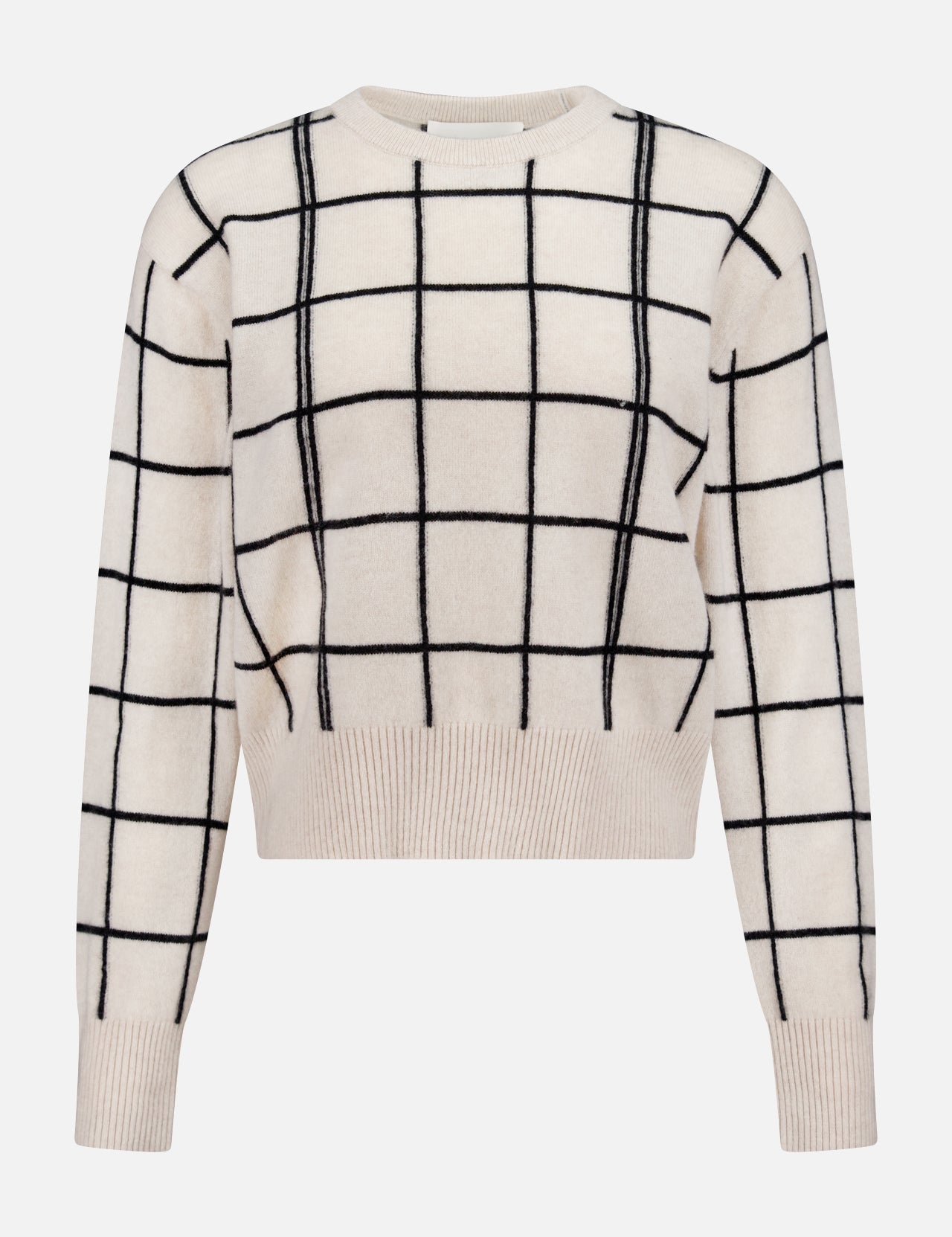 The WHITE + WARREN Cashmere Windowpane Crewneck Sweater is cream-colored with a black windowpane grid, slim fit, long sleeves, and ribbed crew neck, cuffs, and hem, shown against a plain white background.