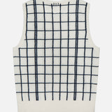 The WHITE + WARREN Cashmere Windowpane Vest is a sleeveless off-white sweater vest accented with a bold black windowpane pattern of intersecting vertical and horizontal lines across the back. It features a ribbed hem and an open front with no visible buttons or closure.