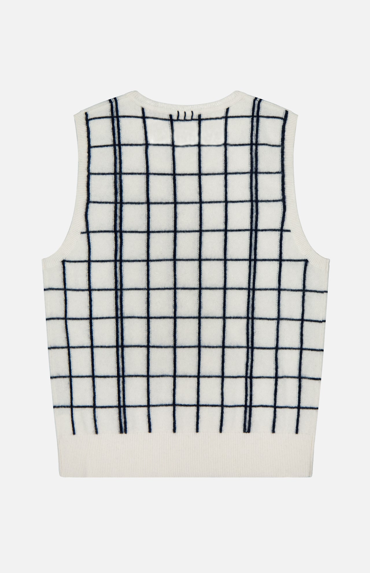 The WHITE + WARREN Cashmere Windowpane Vest is a sleeveless off-white sweater vest accented with a bold black windowpane pattern of intersecting vertical and horizontal lines across the back. It features a ribbed hem and an open front with no visible buttons or closure.