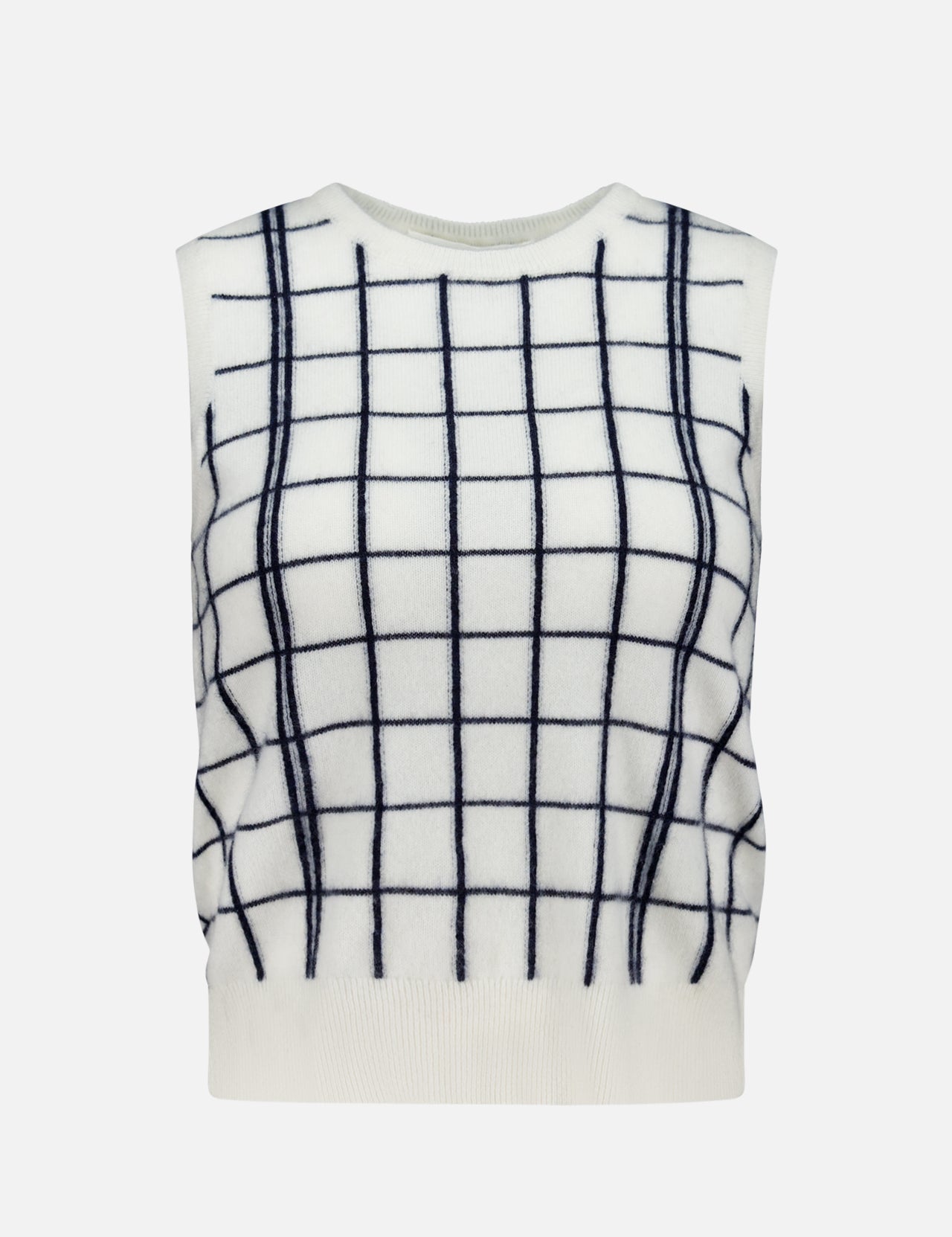 The WHITE + WARREN Cashmere Windowpane Vest is a sleeveless, off-white sweater vest detailed with a black windowpane pattern of bold horizontal and vertical lines. It features ribbed finishes at the neckline, armholes, and hem.