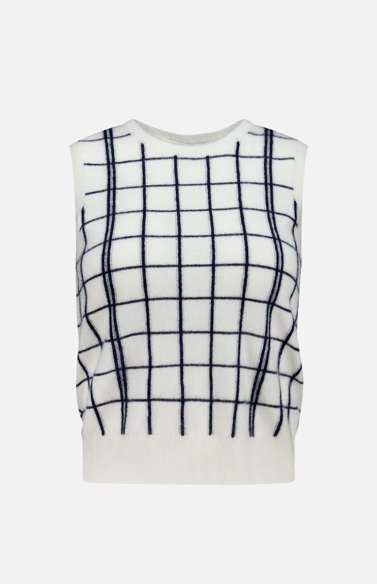 The WHITE + WARREN Cashmere Windowpane Vest is a sleeveless, off-white sweater vest detailed with a black windowpane pattern of bold horizontal and vertical lines. It features ribbed finishes at the neckline, armholes, and hem.