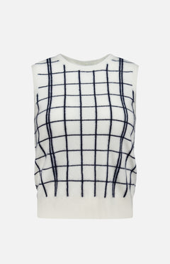 The WHITE + WARREN Cashmere Windowpane Vest is a sleeveless, off-white sweater vest detailed with a black windowpane pattern of bold horizontal and vertical lines. It features ribbed finishes at the neckline, armholes, and hem.