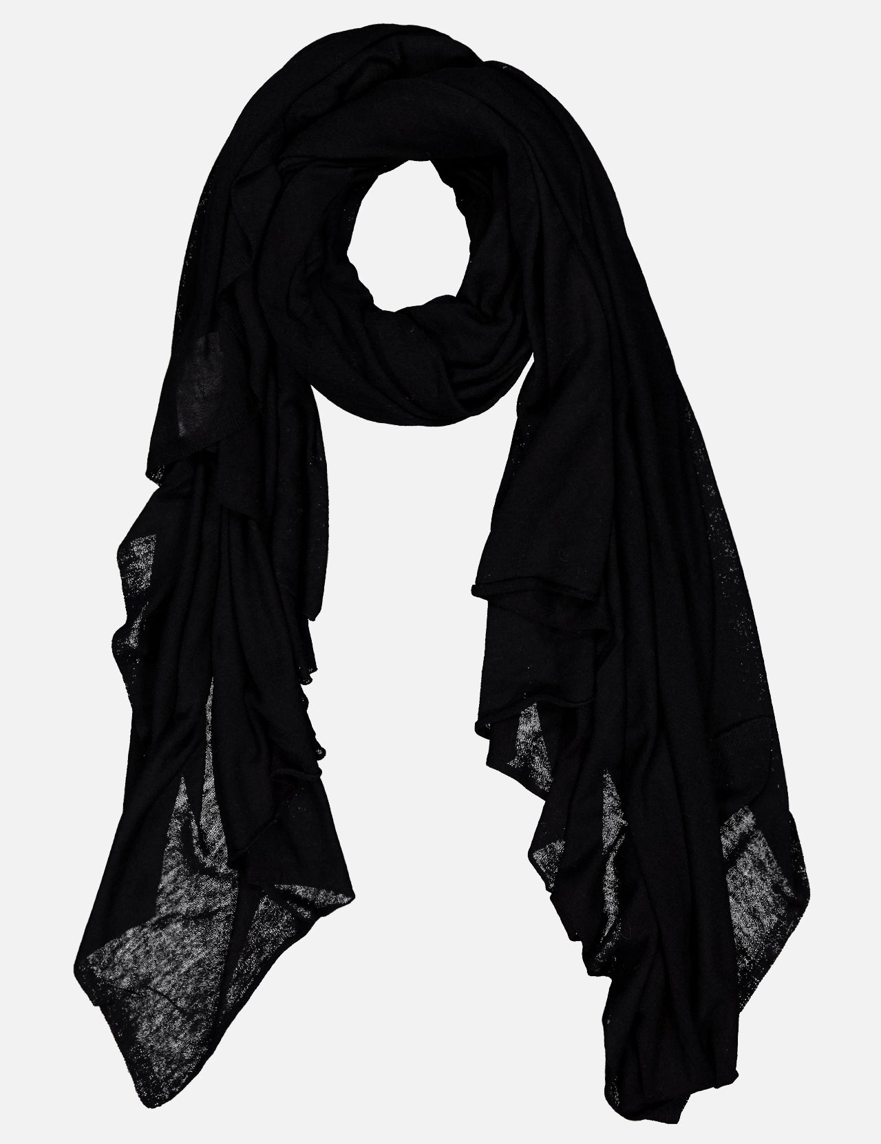 The WHITE + WARREN Superfine Cashmere Blend Travel Wrap, shown in black on a white background, is lightweight with slightly sheer edges—making it the perfect unisex scarf for versatile, all-season style.