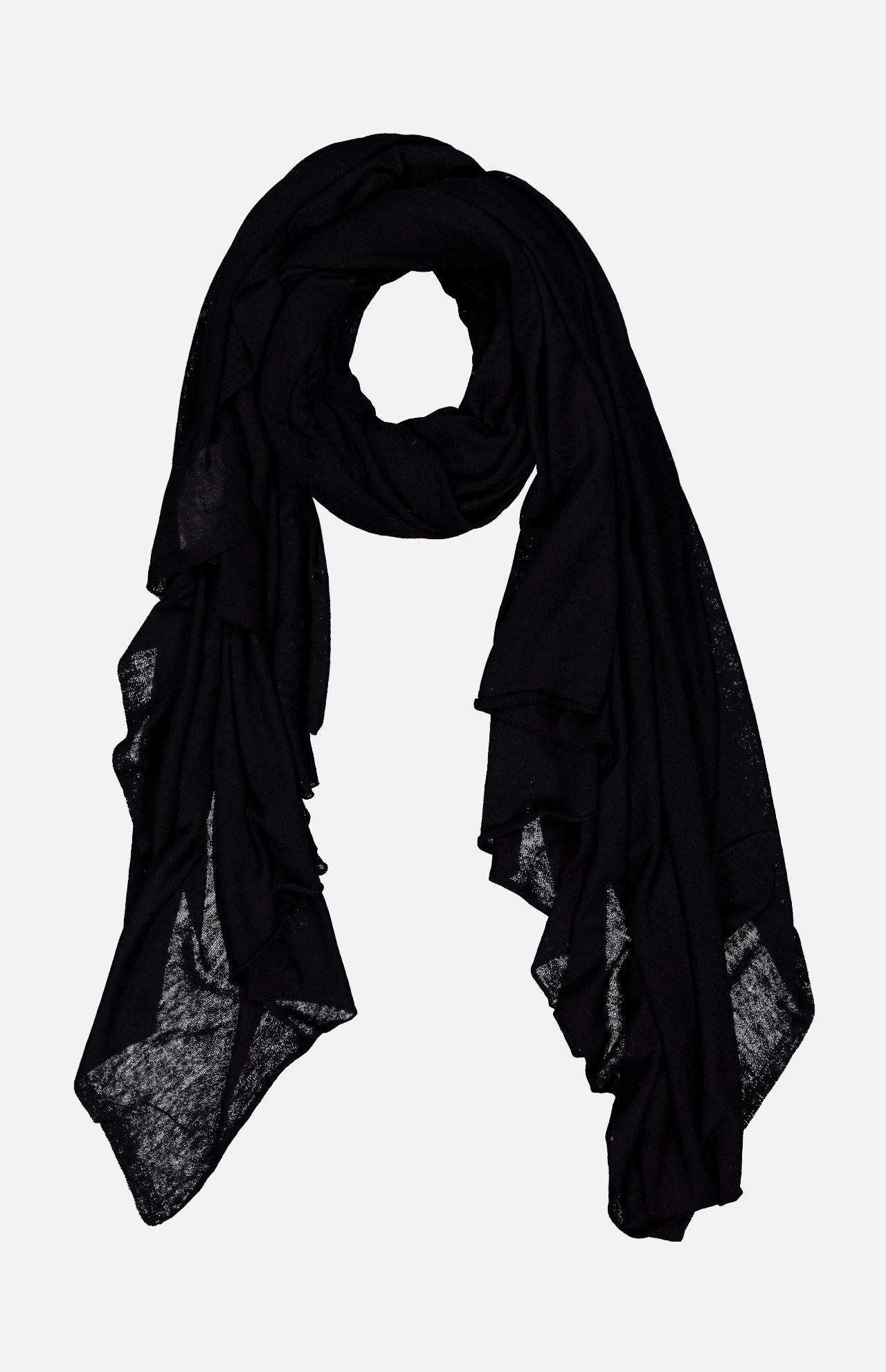 The WHITE + WARREN Superfine Cashmere Blend Travel Wrap, shown in black on a white background, is lightweight with slightly sheer edges—making it the perfect unisex scarf for versatile, all-season style.
