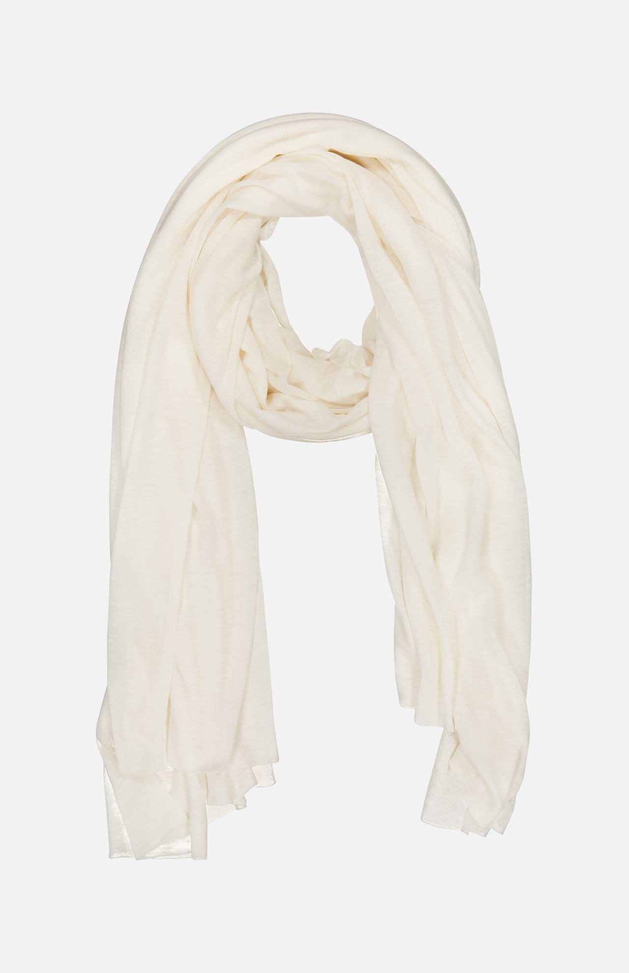 The WHITE + WARREN Superfine Cashmere Blend Travel Wrap is a lightweight, sheer white scarf shown loosely folded on a plain backdrop. Its soft, flowy fabric and gently draped edges make it perfect for all-season styling.