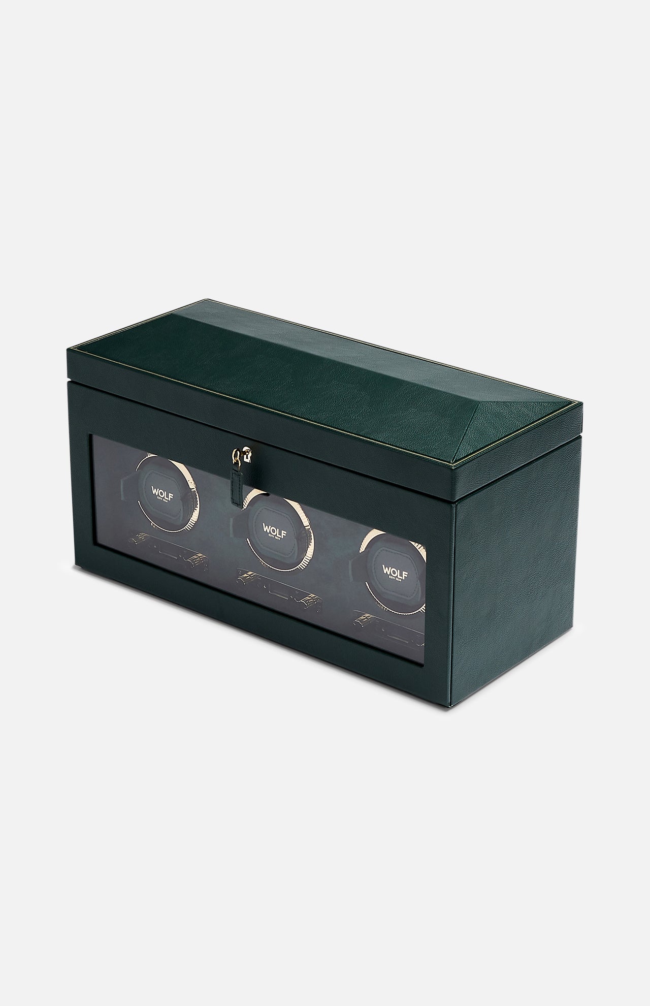 A green British Racing Triple Watch Winder by WOLF crafted from vegan leather, featuring a glass front that displays three wristwatches inside. The box is designed with a lock at the top center and gold-accented watch holders, offering secure and elegant storage for your timepieces.