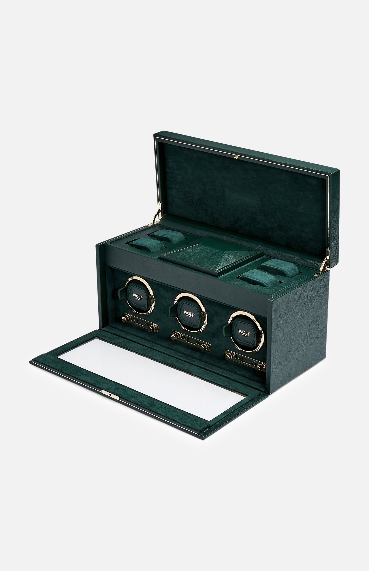 The WOLF British Racing Triple Watch Winder is an elegantly crafted watch winder box made from vegan leather in a dark green hue, lined with velvet. With an open lid display, it features three circular watch winders and offers ample storage space for additional watches and accessories.