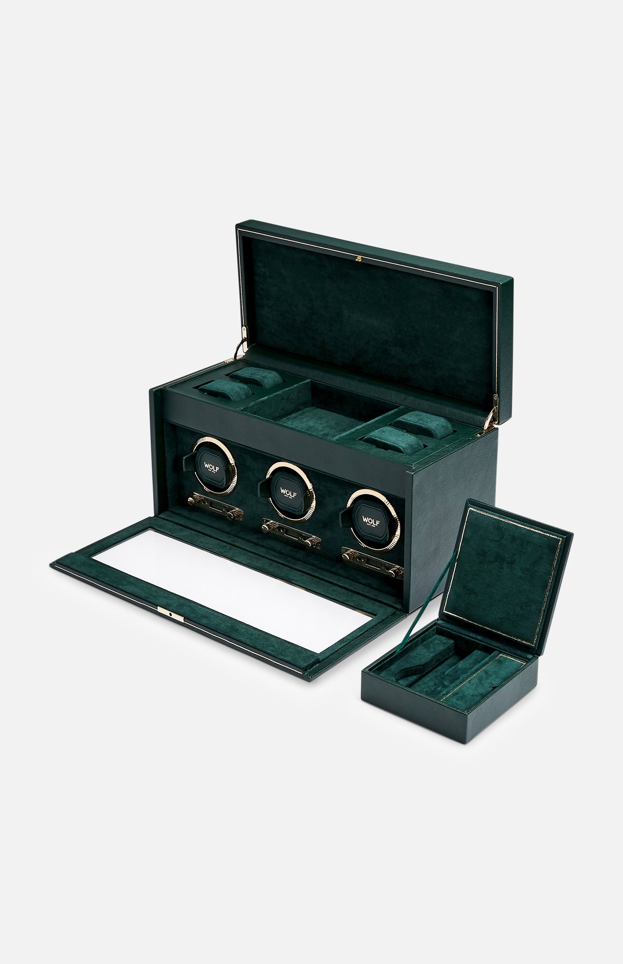 The WOLF British Racing Triple Watch Winder, showcased in green velvet, features three round watch winders, generous watch storage space, and comes with an additional small green velvet jewelry box—all elegantly arranged against a plain background.