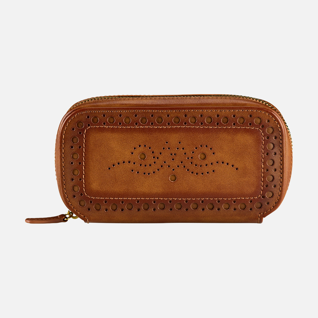 WOLF Brogue 2 Piece Watch Zip Case in brown leather, inspired by classic designs from our brogue collection, features decorative perforated patterns and stitching on the front, along with a secure zipper closure.