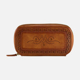 WOLF Brogue 2 Piece Watch Zip Case in brown leather, inspired by classic designs from our brogue collection, features decorative perforated patterns and stitching on the front, along with a secure zipper closure.