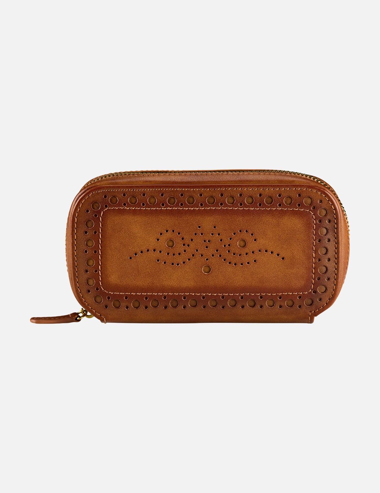 WOLF Brogue 2 Piece Watch Zip Case in brown leather, inspired by classic designs from our brogue collection, features decorative perforated patterns and stitching on the front, along with a secure zipper closure.