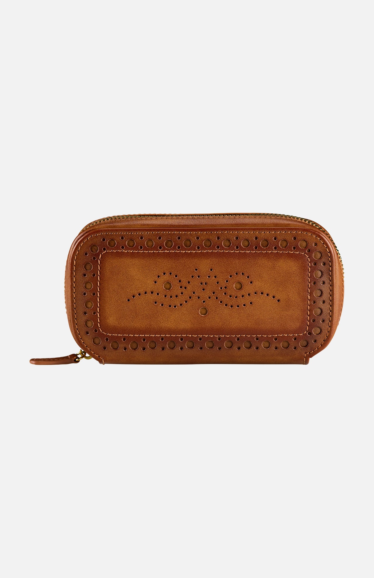 WOLF Brogue 2 Piece Watch Zip Case in brown leather, inspired by classic designs from our brogue collection, features decorative perforated patterns and stitching on the front, along with a secure zipper closure.