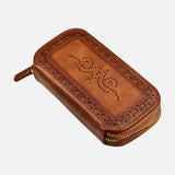 WOLF Brogue 2 Piece Watch Zip Case in brown leather with decorative perforations, inspired by the Brogue collection, shown at an angle on a white background.