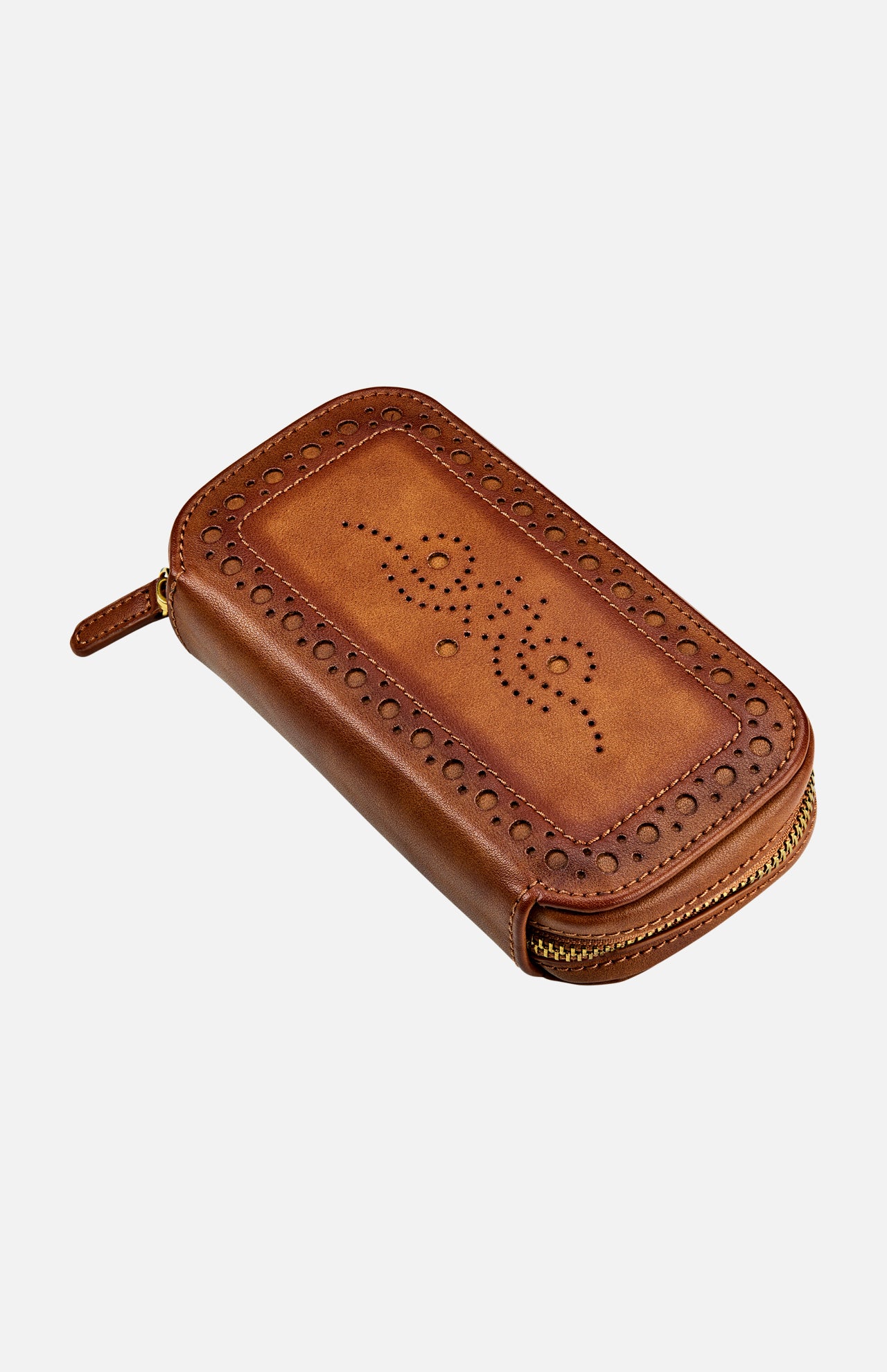 WOLF Brogue 2 Piece Watch Zip Case in brown leather with decorative perforations, inspired by the Brogue collection, shown at an angle on a white background.