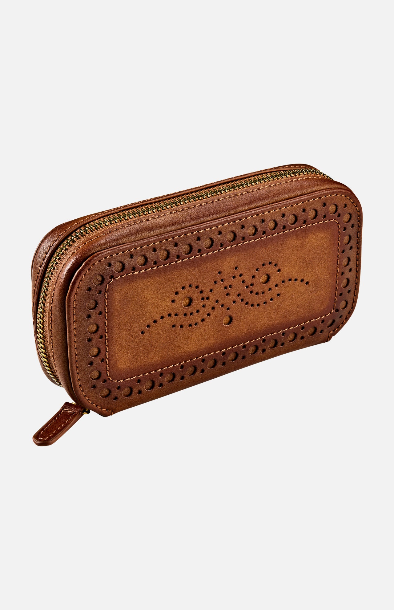 The WOLF Brogue 2 Piece Watch Zip Case features a brown leather exterior with decorative perforated patterns on the front, inspired by classic brogue collection designs. It has rounded edges, a gold zipper, and a smooth finish. The case is showcased against a plain white background.