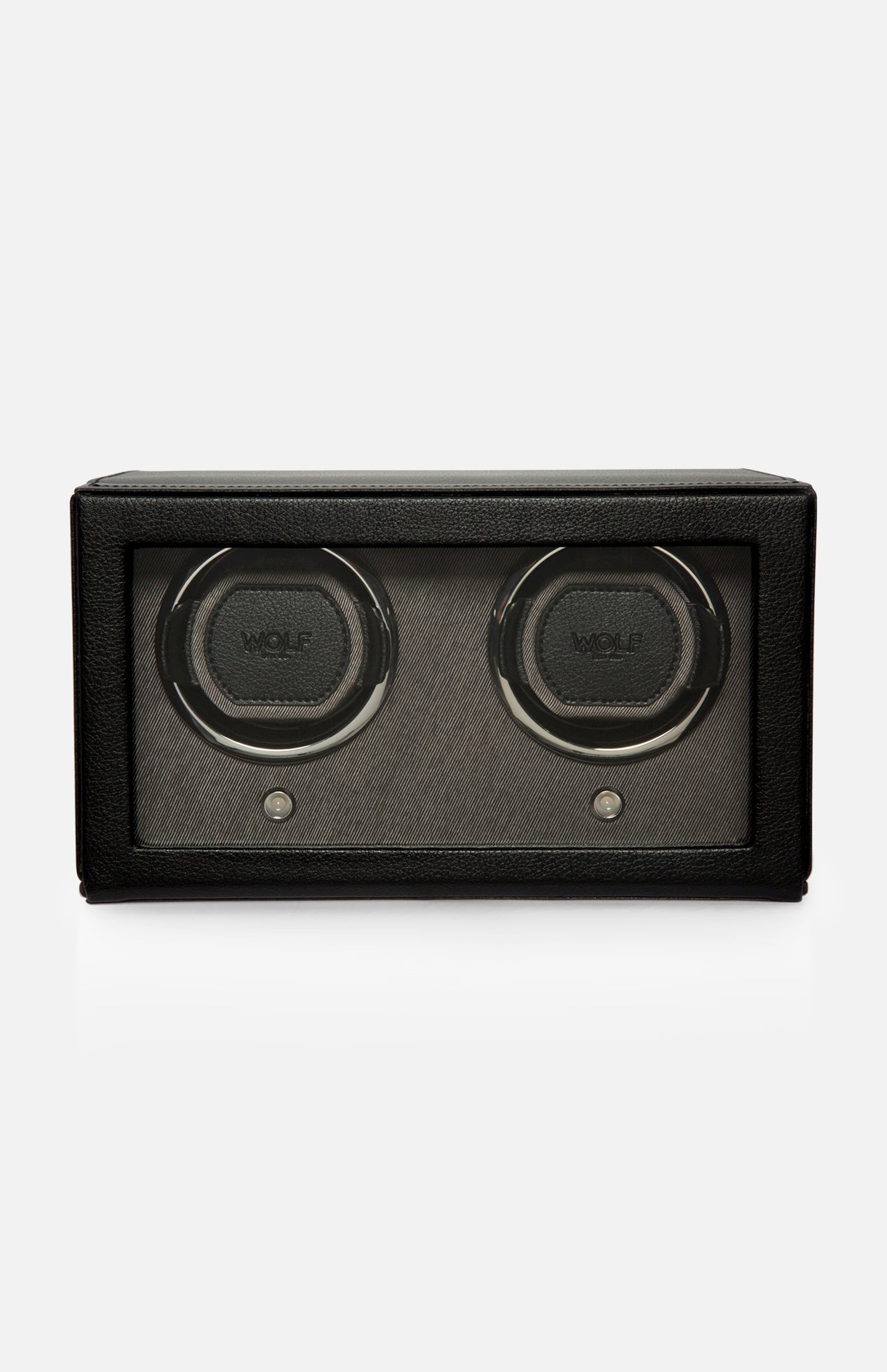 A black rectangular Cub Double Winder with Cover by WOLF, crafted from premium vegan leather, features two circular slots with the WOLF logo displayed on each, a glass front panel, and is photographed against a plain white background. This luxurious design keeps your timepieces flawlessly wound.