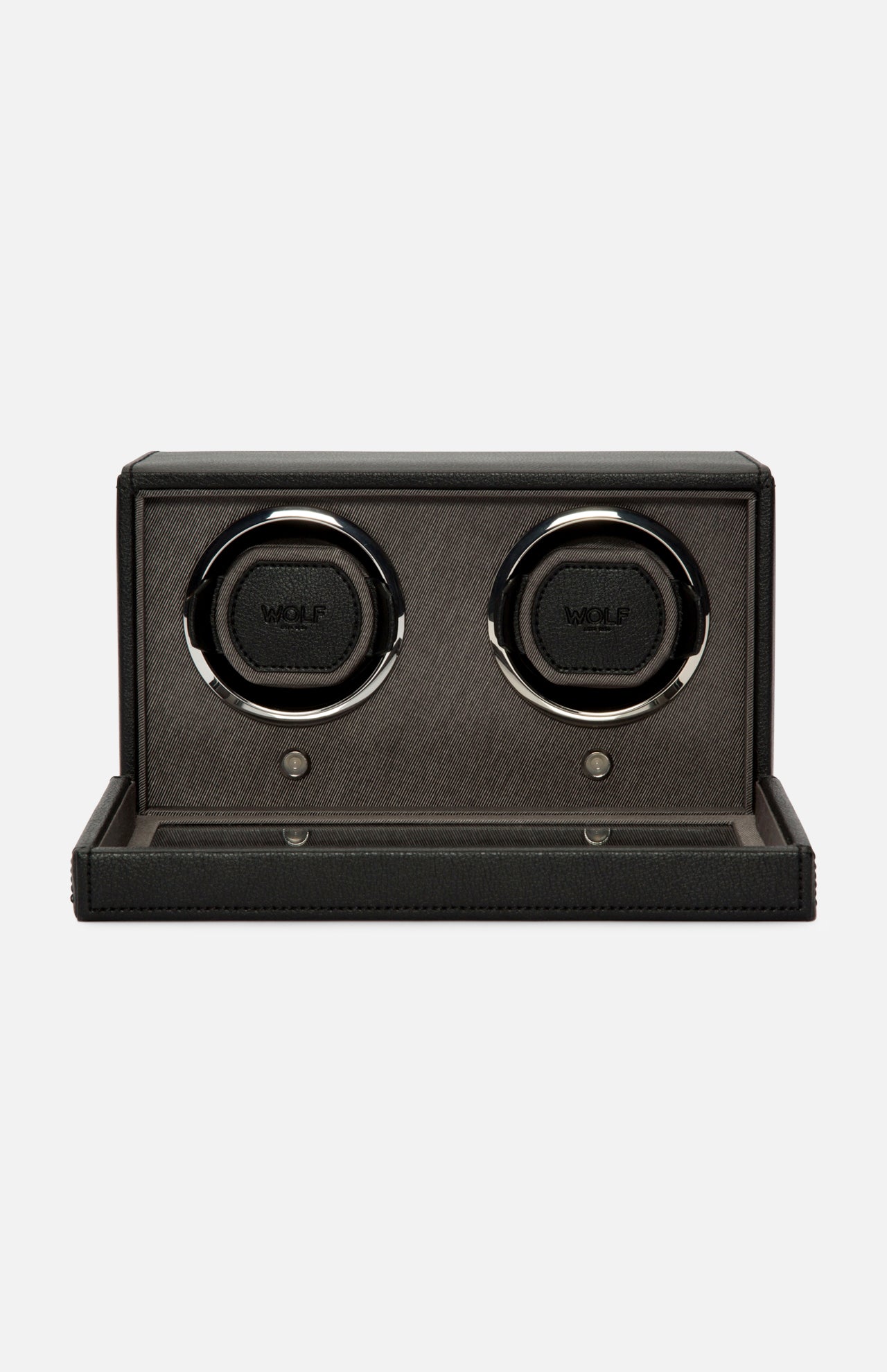 The WOLF Cub Double Winder with Cover, crafted from black vegan leather and featuring two circular slots along with silver accents, exemplifies luxury design against a plain white background.