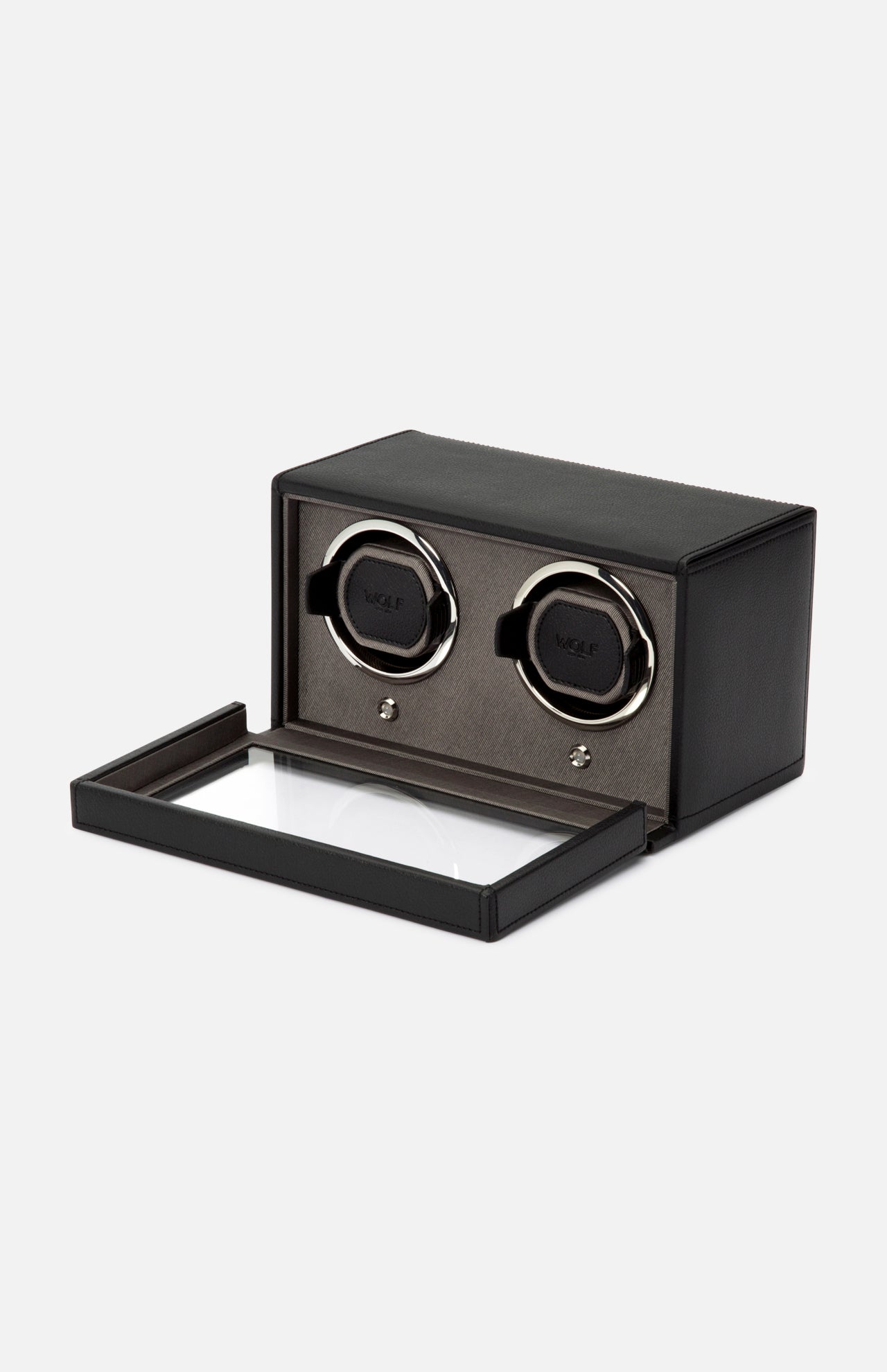 Introducing the WOLF Cub Double Winder with Cover—a black watch winder box crafted from premium vegan leather, featuring a glass front panel that opens to reveal two watch holders inside. Designed to complement luxury timepieces, it exudes an exquisite touch and is showcased here against a white background.