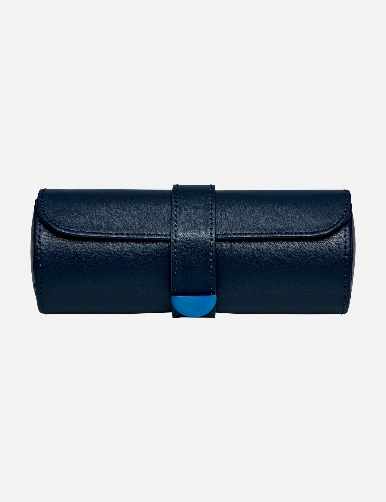 The WOLF Earth Triple Watch Roll is a navy blue cylindrical case crafted from premium apple leather, featuring a flap and strap closure with a subtle blue accent on the front. This stylish accessory provides secure storage for your watches and is photographed against a plain white background.