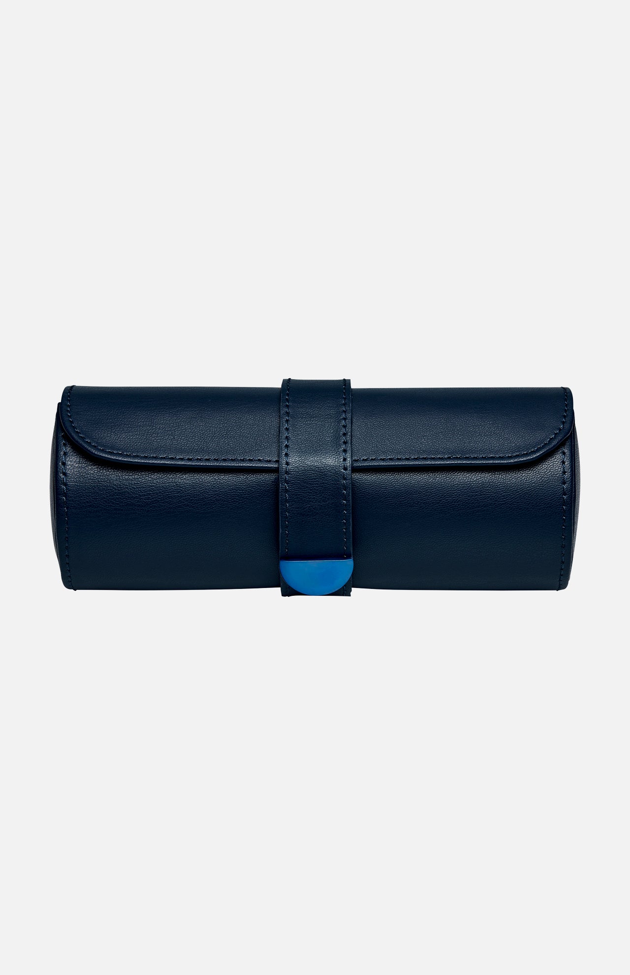 The WOLF Earth Triple Watch Roll is a navy blue cylindrical case crafted from premium apple leather, featuring a flap and strap closure with a subtle blue accent on the front. This stylish accessory provides secure storage for your watches and is photographed against a plain white background.