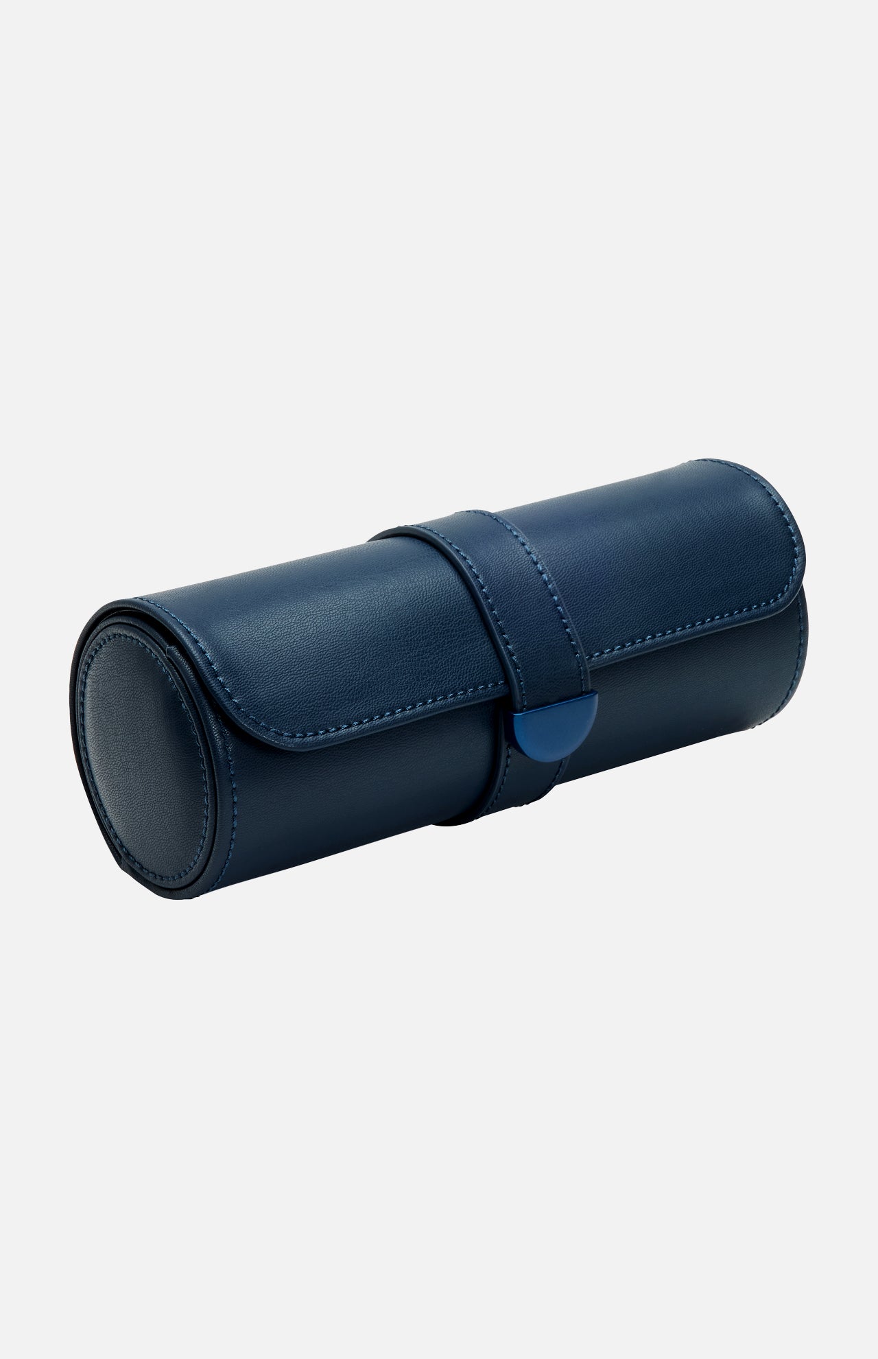 The WOLF Earth Triple Watch Roll is a cylindrical watch roll crafted from navy blue apple leather, featuring a snap closure and designed for storing items like watches or jewelry. It is shown against a plain light gray background.