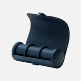 The WOLF Earth Triple Watch Roll is a blue, patterned apple leather case with a snap closure that opens to reveal three compartments for stylish watch storage.