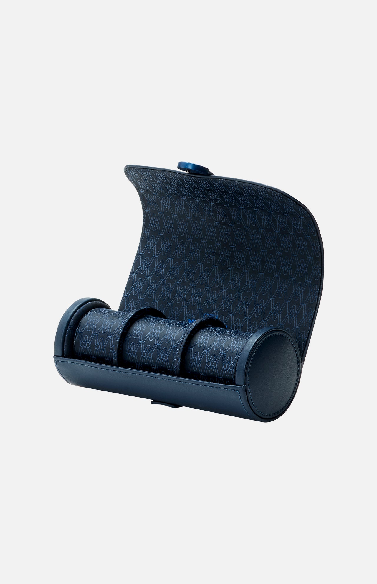 The WOLF Earth Triple Watch Roll is a blue, patterned apple leather case with a snap closure that opens to reveal three compartments for stylish watch storage.