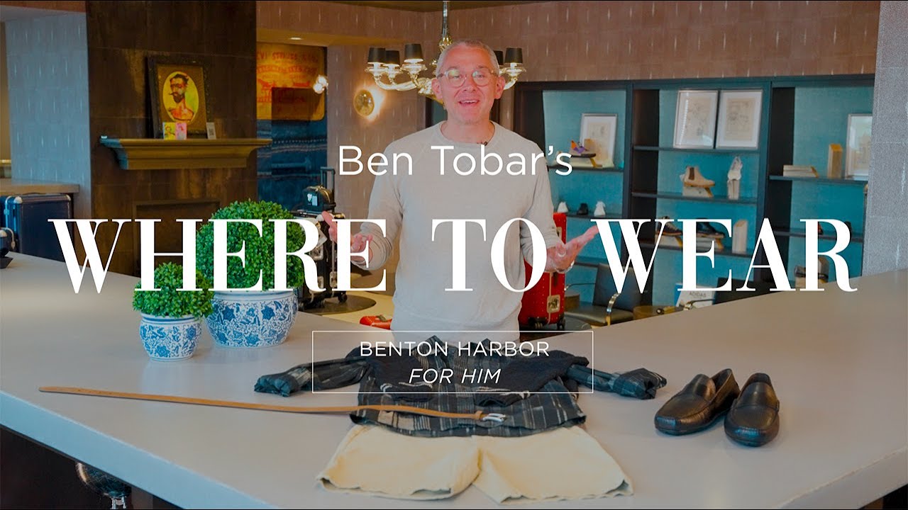 image with text "Ben Tobar's Where to Wear Benton Harbor for Him" image if of personal shopper Ben Tobar standing in front of a late summer outfit collage