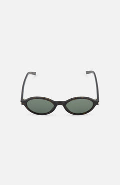 YVES SAINT LAURENT Oval Brown Sunglasses featuring thin black frames, slightly curved arms, and dark green lenses, shown against a plain white background.