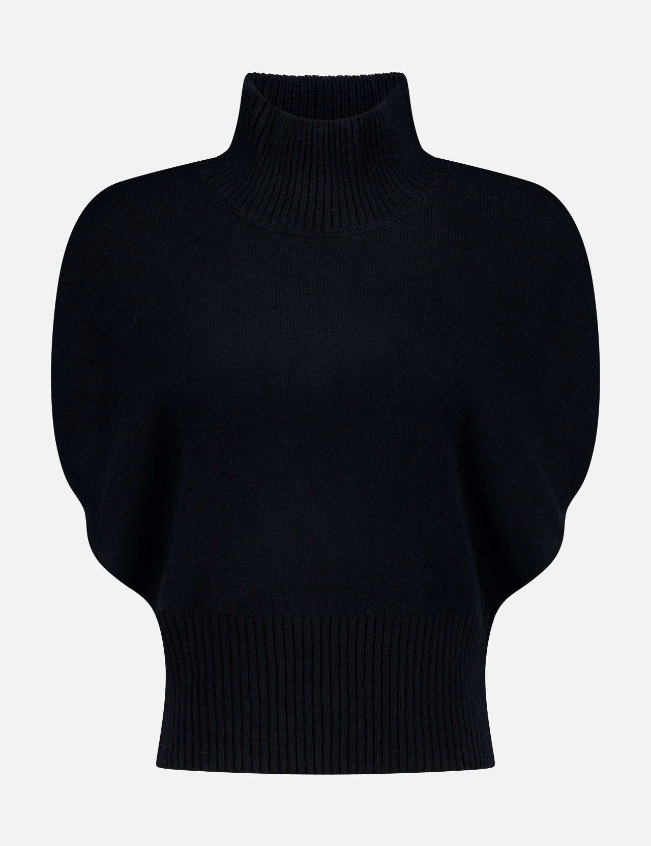 The LISA YANG Zaya Open Sides Cashmere Top is a black, short-sleeve, high-neck style with ribbed collar, cuffs, and waistband, shown on a plain white background—a sophisticated luxury knitwear piece.