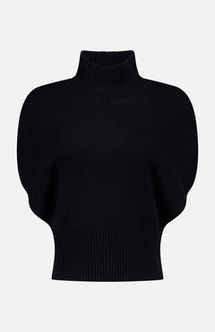 The LISA YANG Zaya Open Sides Cashmere Top is a black, short-sleeve, high-neck style with ribbed collar, cuffs, and waistband, shown on a plain white background—a sophisticated luxury knitwear piece.