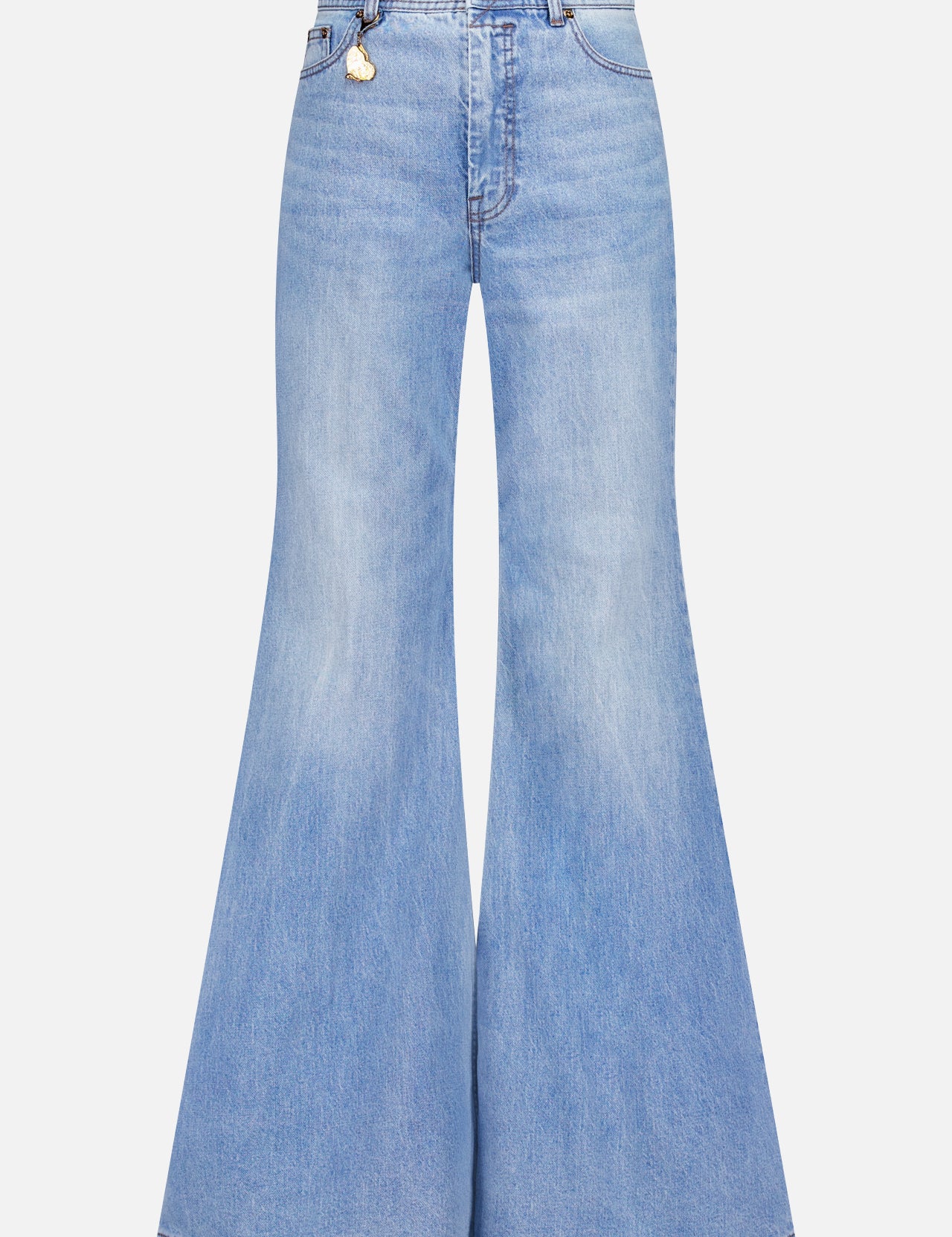 The Bonus Charm Flare Jean by ZIMMERMANN features a vintage blue wash, high-rise fit, dramatic flared leg, and button-zip closure, shown against a white background.