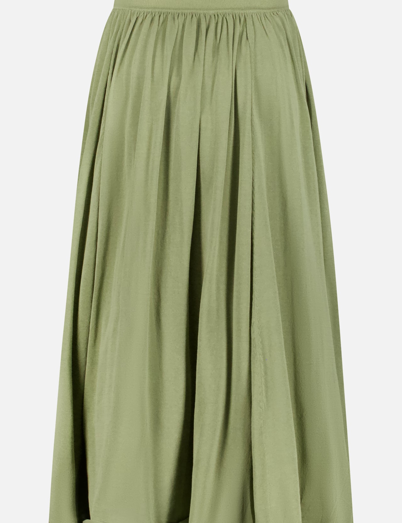 The ZIMMERMANN Illuminate Gathered Midi Skirt features a light olive green hue, knee-length A-line silhouette, gathered detail, and an elastic waistband, shown against a plain white background.