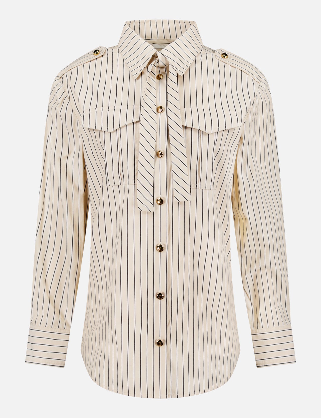 The ZIMMERMANN Memento Utility Stripe Necktie Shirt features cream and black stripes, gold buttons, removable necktie, shoulder epaulettes, and pleated accents—an elegant workwear option for women.