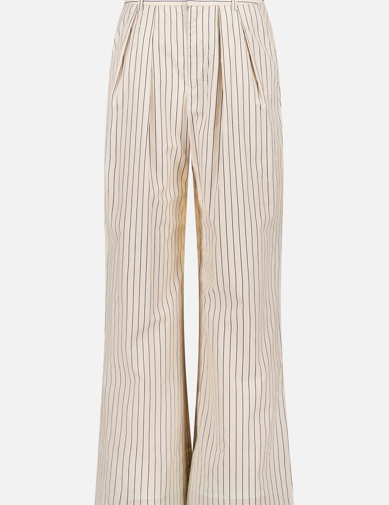 The ZIMMERMANN Memento Utility Wide Leg Stripe Pant features a beige hue with black pinstripes, front pleats, side pockets, a mid-rise waist, relaxed loose fit, and slightly cropped length for easy styling.