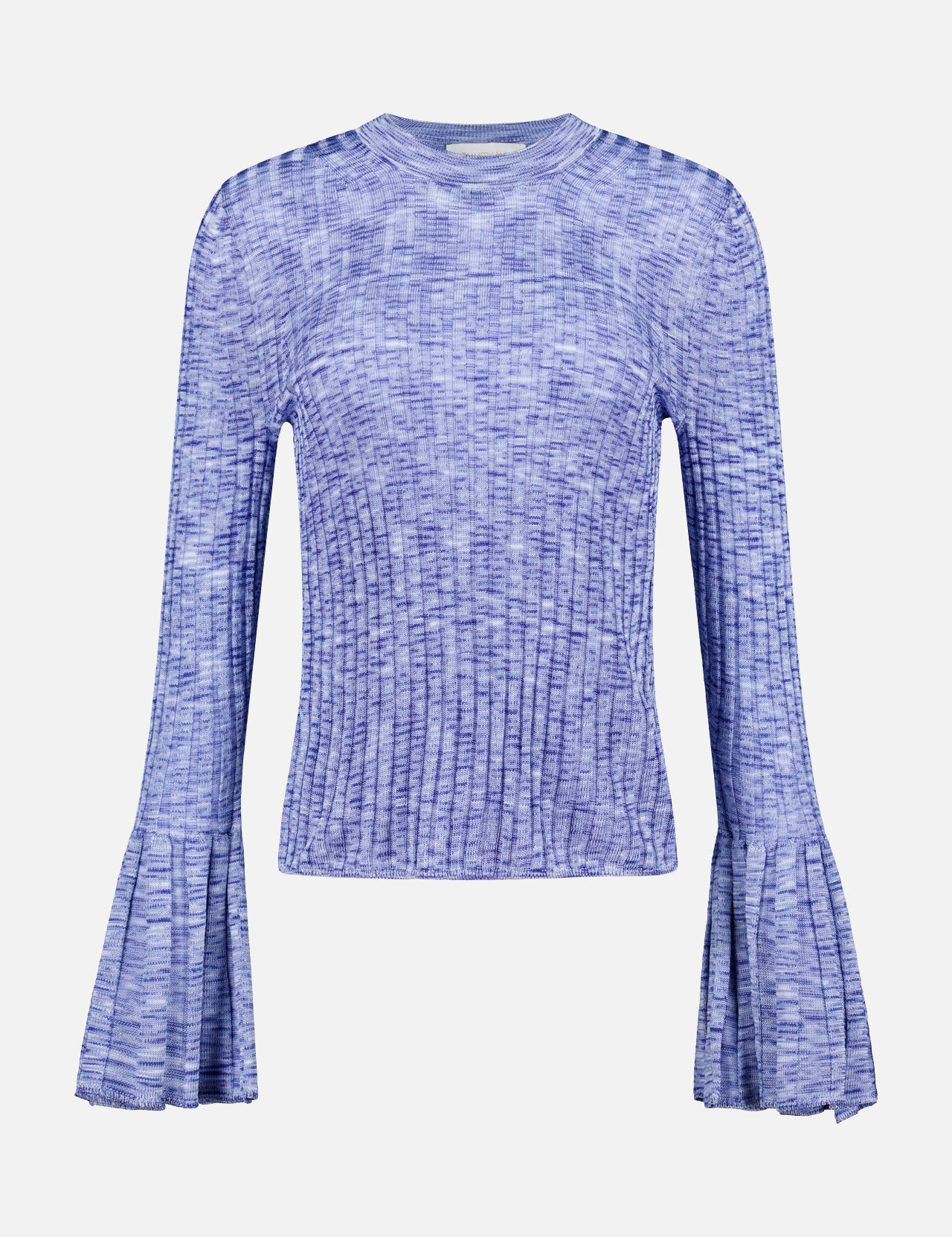 The ZIMMERMANN Mouline Bell Sleeve Sweater features a blue and white marbled ribbed knit, fitted torso, and flared bell sleeves, shown on a plain white background.