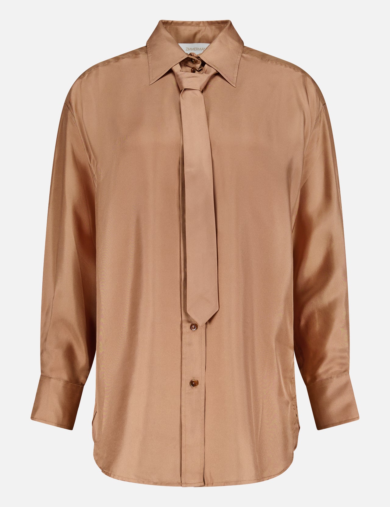 The ZIMMERMANN Relaxed Removable Tie Silk Shirt features a shiny light brown finish, long sleeves, a pointed collar, and a detachable necktie, shown against a plain white background.