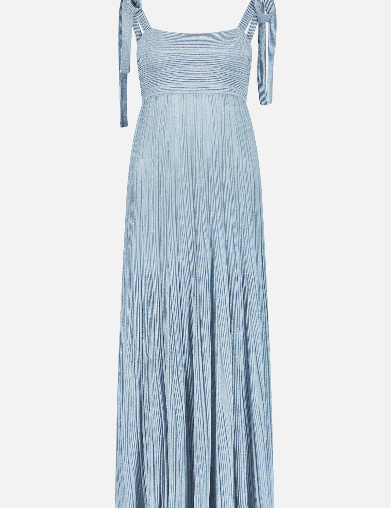 The ZIMMERMANN Waverly Metallic Dress features a light blue, sleeveless, pleated maxi design with a fitted, ruched bodice and tied shoulder straps—perfect for any special occasion. Shown on a plain white background.