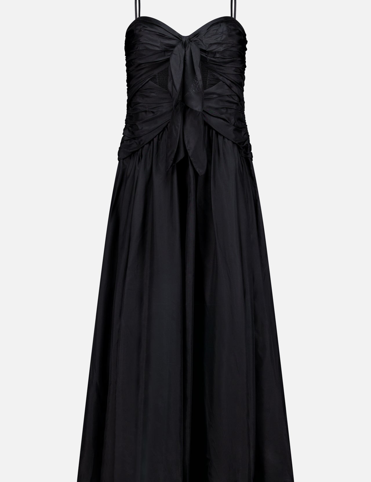 The Aster Scarf Silk Midi Dress by ZIMMERMANN is a black silk midi with thin straps, a ruched bodice, front bow at the chest, sweetheart neckline, and a gently flared skirt for an elegant silhouette.