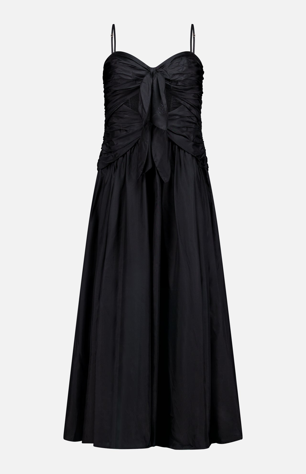The Aster Scarf Silk Midi Dress by ZIMMERMANN is a black silk midi with thin straps, a ruched bodice, front bow at the chest, sweetheart neckline, and a gently flared skirt for an elegant silhouette.