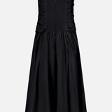 The ZIMMERMANN Aster Scarf Silk Midi Dress features a black silk fabric, sweetheart neckline, thin straps, ruched bodice, and gathered skirt. Its fitted waist and subtle sheen add elegance for any occasion.