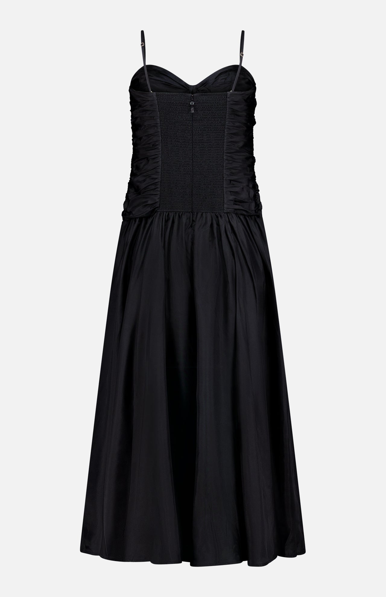 The ZIMMERMANN Aster Scarf Silk Midi Dress features a black silk fabric, sweetheart neckline, thin straps, ruched bodice, and gathered skirt. Its fitted waist and subtle sheen add elegance for any occasion.