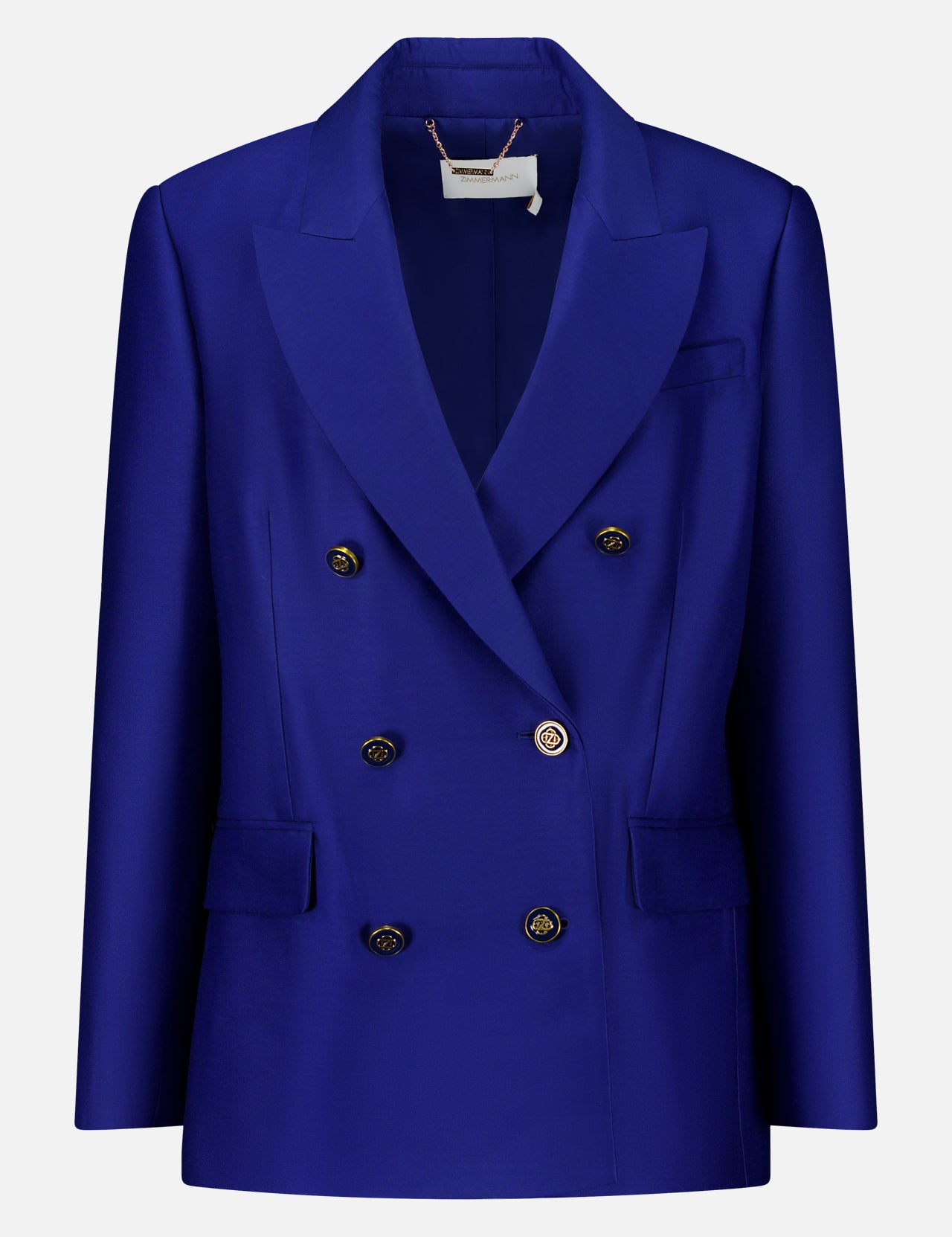 Zimmermann Clash Double Breasted Blazer in cobalt blue with gold-toned buttons and peaked lapels.