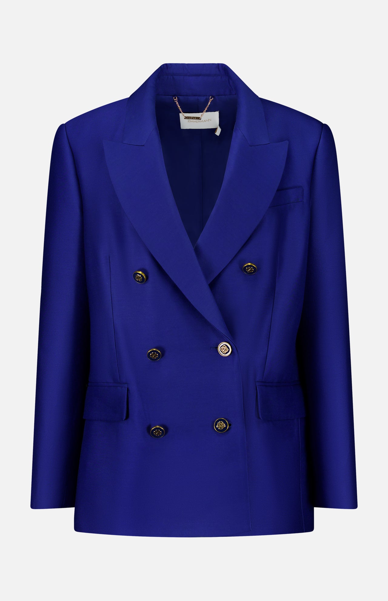 Zimmermann Clash Double Breasted Blazer in cobalt blue with gold-toned buttons and peaked lapels.