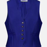 Cropped cobalt blue Zimmermann Clash Wool Silk Waistcoat with a V-neck and five gold-tone buttons.