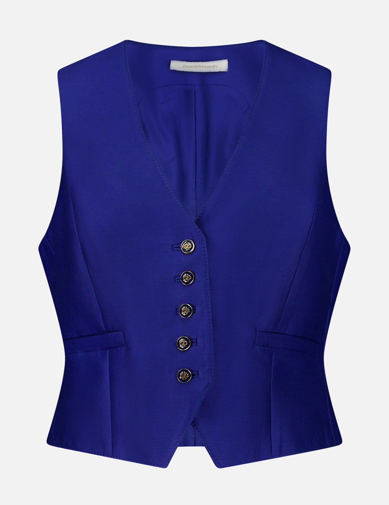Cropped cobalt blue Zimmermann Clash Wool Silk Waistcoat with a V-neck and five gold-tone buttons.