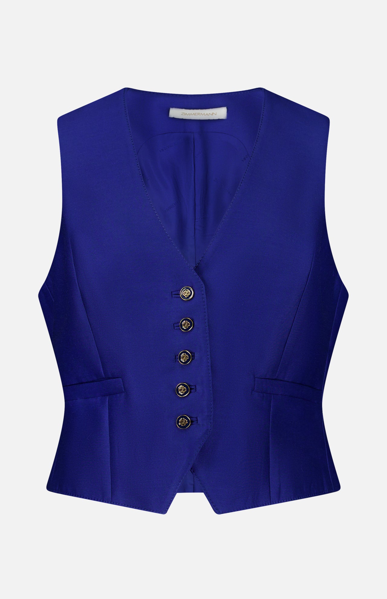 Cropped cobalt blue Zimmermann Clash Wool Silk Waistcoat with a V-neck and five gold-tone buttons.